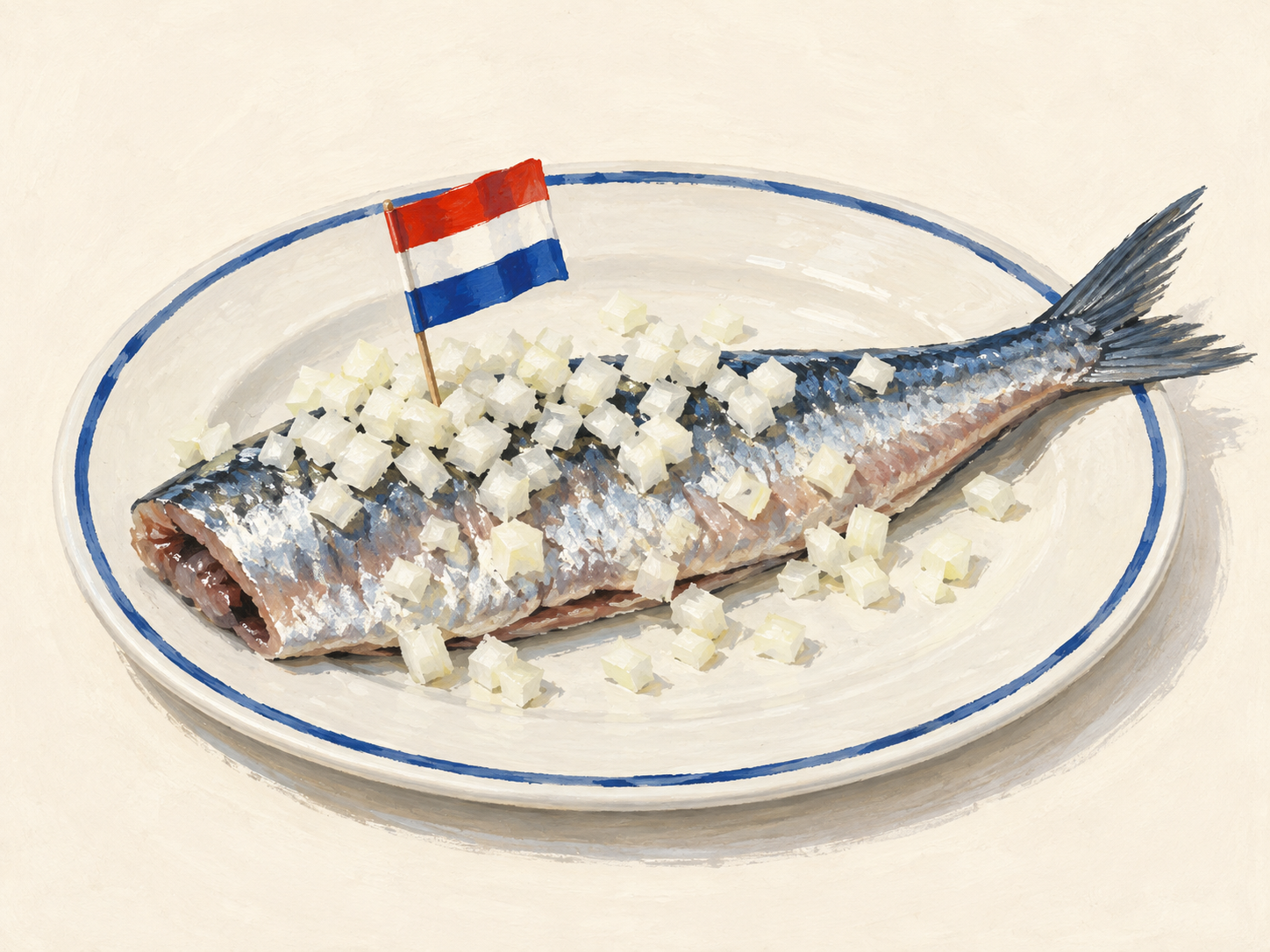 Geschilderde Hollandse Nieuwe met uitjes en een Nederlands vlaggetje